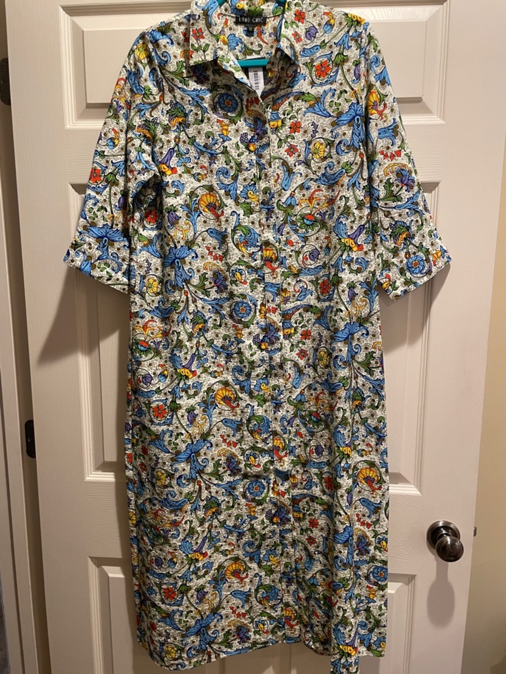 BOHO CHIC Multicolor Paisley Midi Shirt Dress — Blue/Green/Yellow. Medium